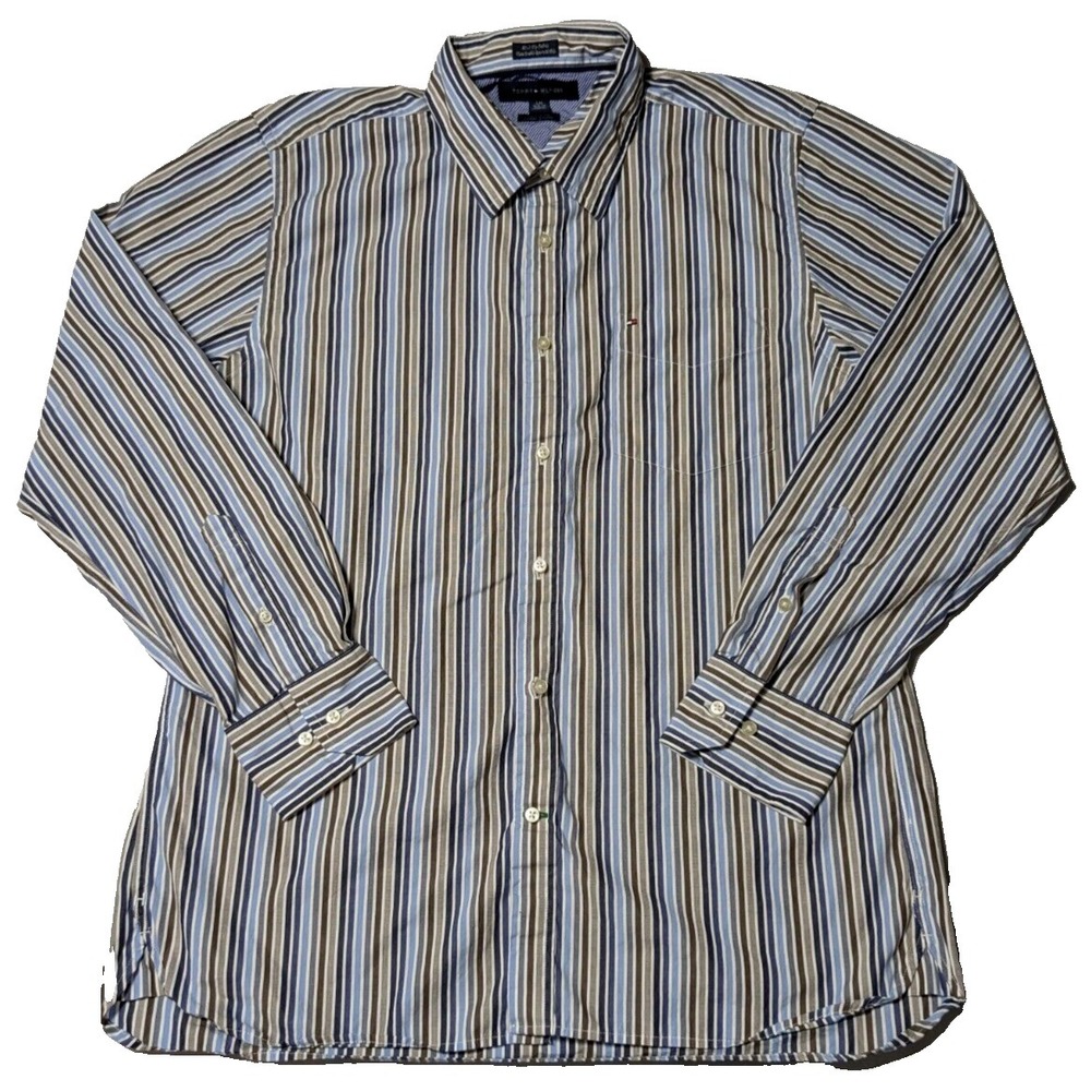 TOMMY HILFIGER CUSTOM FIT Men Large 16.5-17 Blue Brown Cotton Button Dress Shirt